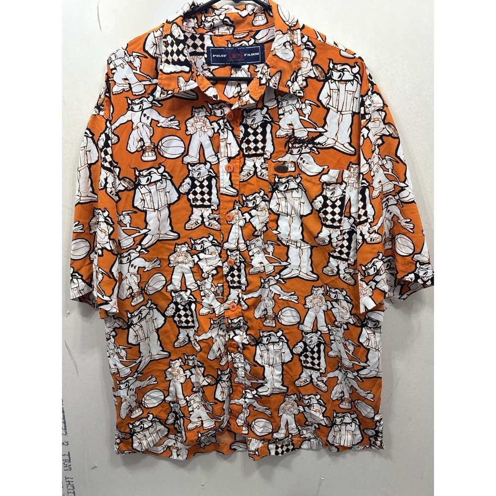 Vintage Phat Farm Men's Shirt XL All Over Print Orange Button Down Short Sleeve